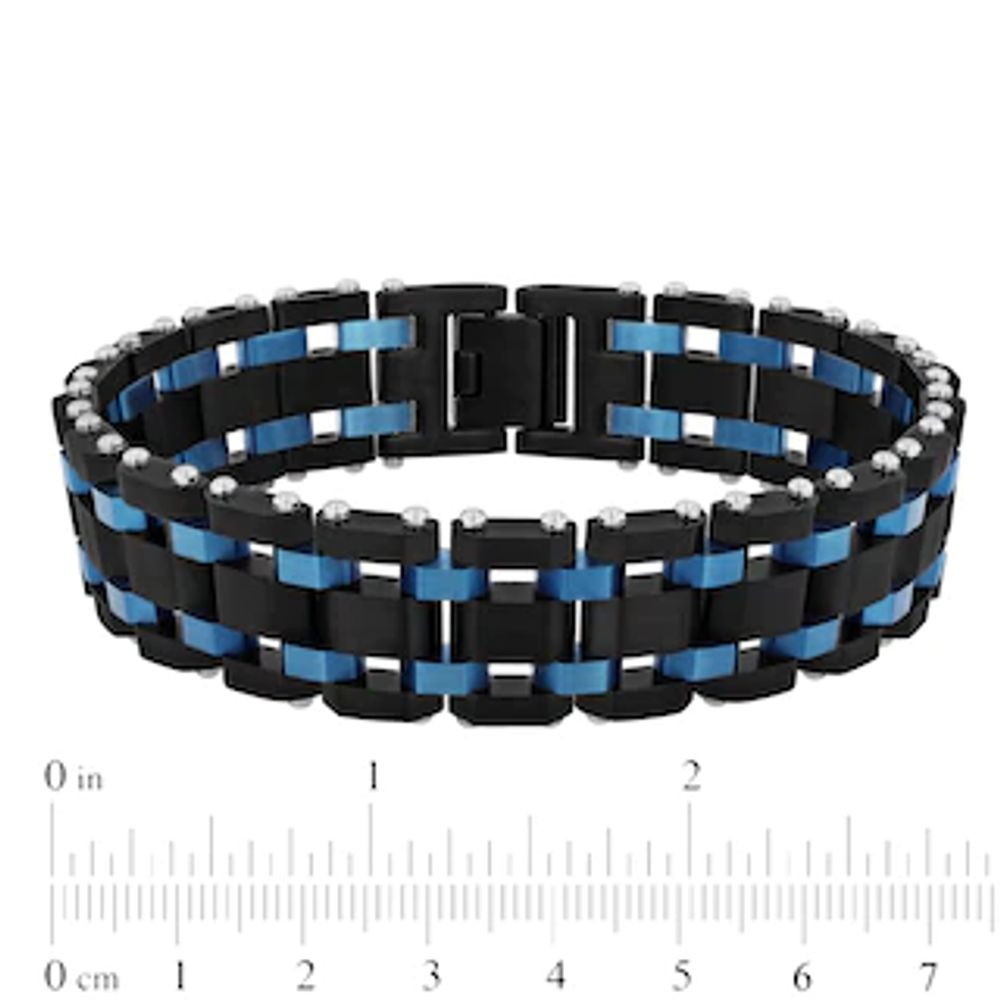 Men's 17.0mm Riveted Multi-Row Brick Pattern Link Bracelet in Stainless Steel with Black and Blue IP - 8.75"|Peoples Jewellers