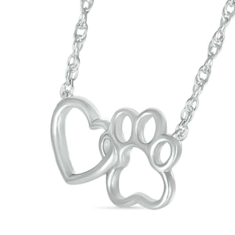 Interlocking Heart and Paw Print Outline Necklace in 10K White Gold - 17.5"|Peoples Jewellers