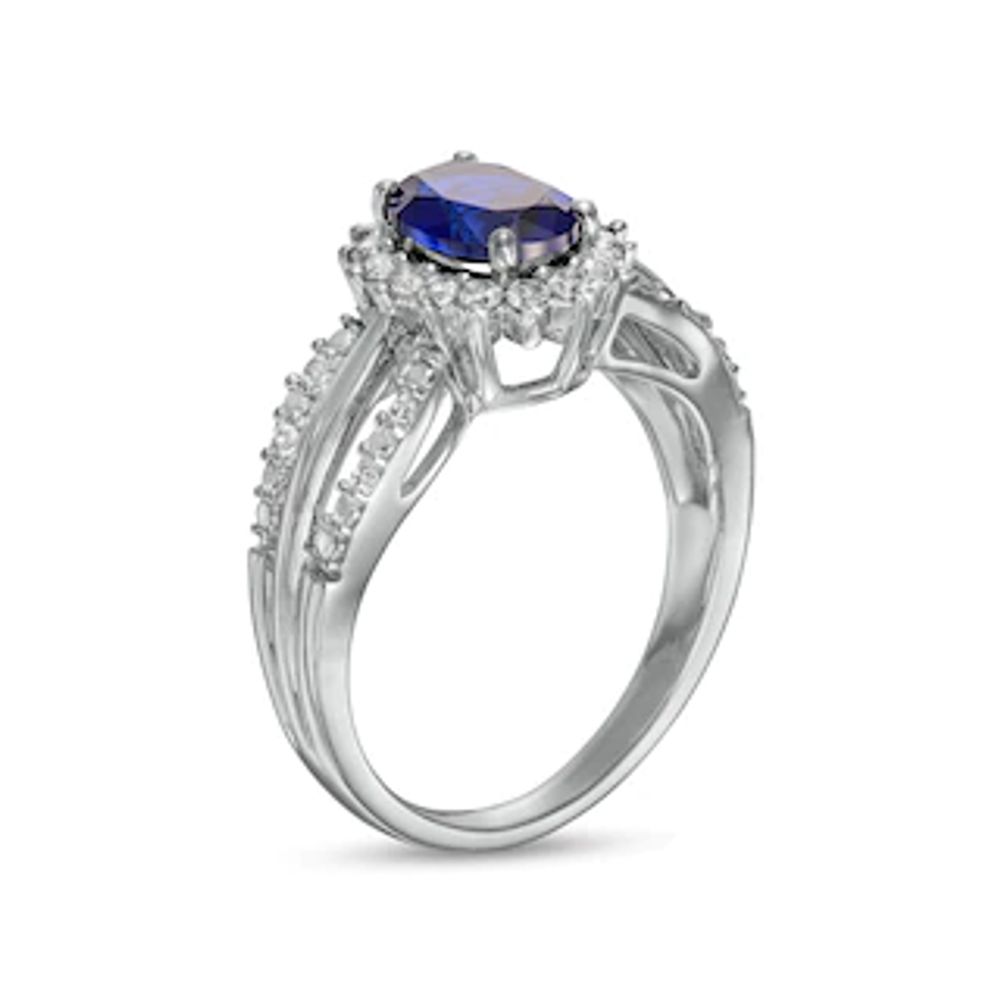 Oval Blue and White Lab-Created Sapphire Shadow Frame Split Shank Ring in Sterling Silver|Peoples Jewellers