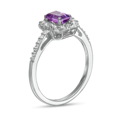 Emerald-Cut Amethyst and White Lab-Created Sapphire Ornate Frame Ring in Sterling Silver|Peoples Jewellers