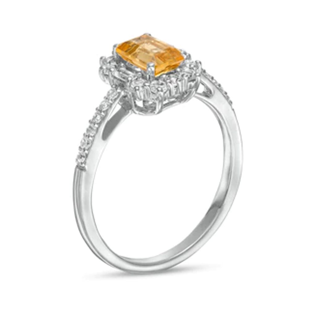 Emerald-Cut Citrine and White Lab-Created Sapphire Ornate Frame Ring in Sterling Silver|Peoples Jewellers