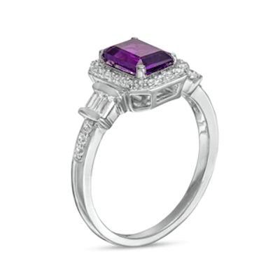 Emerald-Cut Amethyst and White Lab-Created Sapphire Cushion Frame Ring in Sterling Silver|Peoples Jewellers