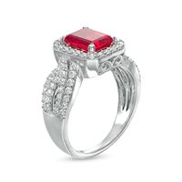 Emerald-Cut Lab-Created Ruby and White Lab-Created Sapphire Frame Multi-Row Shank Ring in Sterling Silver|Peoples Jewellers