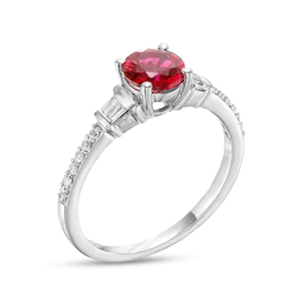 6.0mm Lab-Created Ruby with Baguette and Round White Lab-Created Sapphire Side Accent Ring in Sterling Silver|Peoples Jewellers