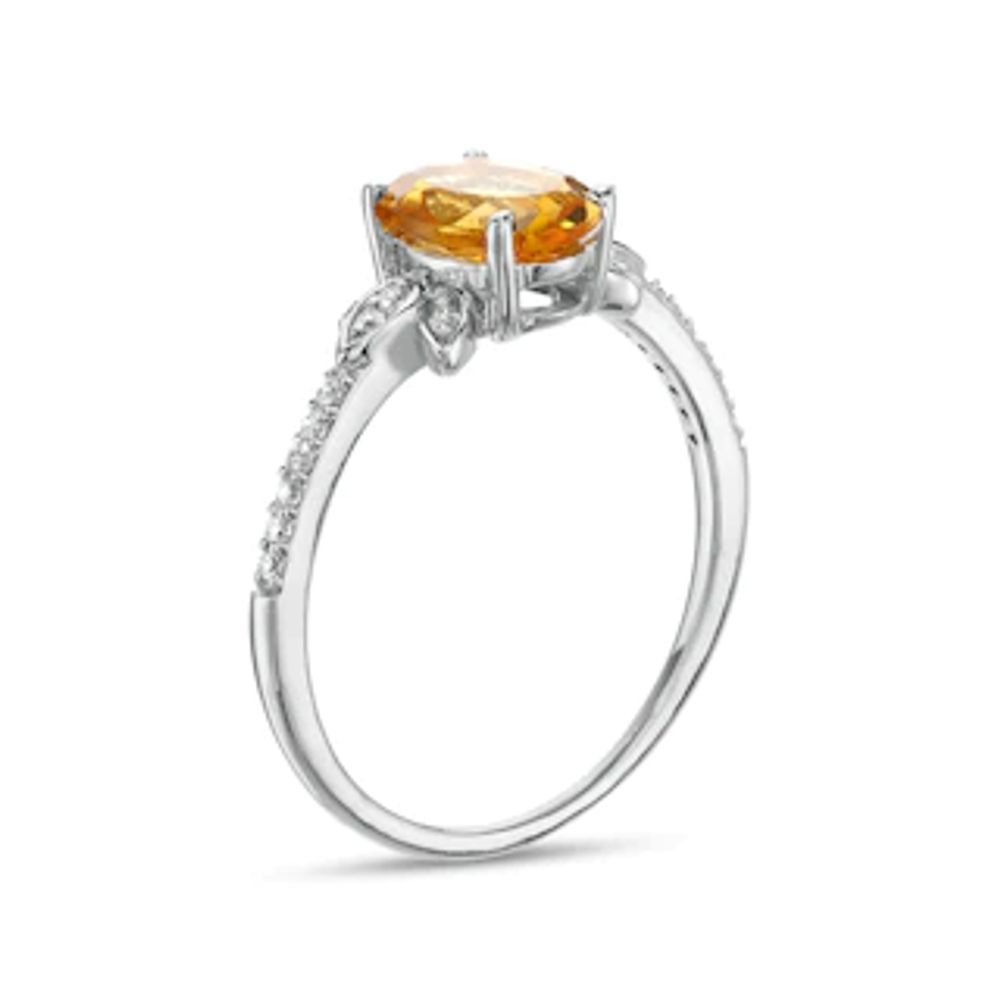 Oval Citrine and 0.086 CT. T.W. Diamond Leaf-Sides Floral Ring in 10K White Gold|Peoples Jewellers