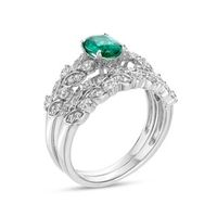 Oval Lab-Created Emerald and White Lab-Created Sapphire Double Row Leaf Shank Bridal Set in Sterling Silver|Peoples Jewellers