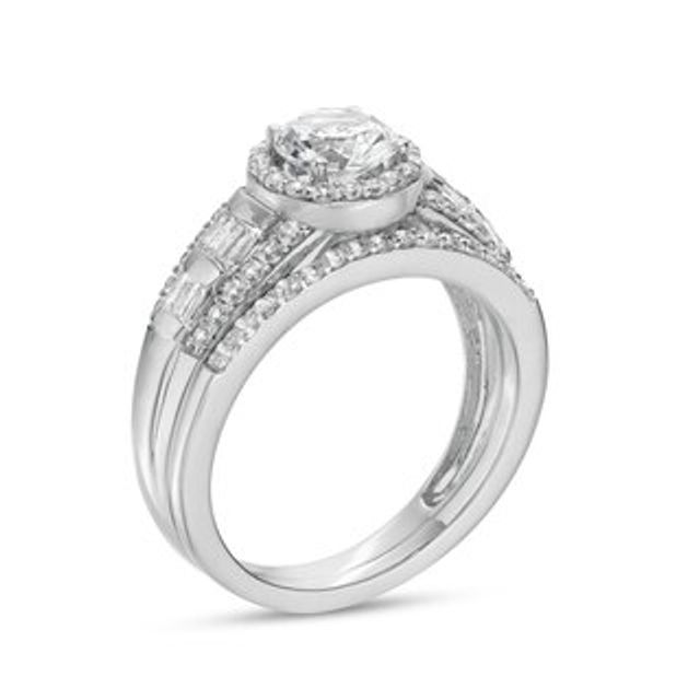 6.0mm White Lab-Created Sapphire Frame Multi-Row Bridal Set in Sterling Silver|Peoples Jewellers