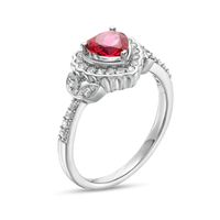 Heart-Shaped Lab-Created Ruby and White Lab-Created Sapphire Scallop Frame Leaf-Sides Flower Ring in Sterling Silver|Peoples Jewellers