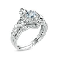 5.0mm Heart-Shaped Aquamarine and 0.29 CT. T.W. Diamond Frame Claddagh Bridal Set in Sterling Silver|Peoples Jewellers