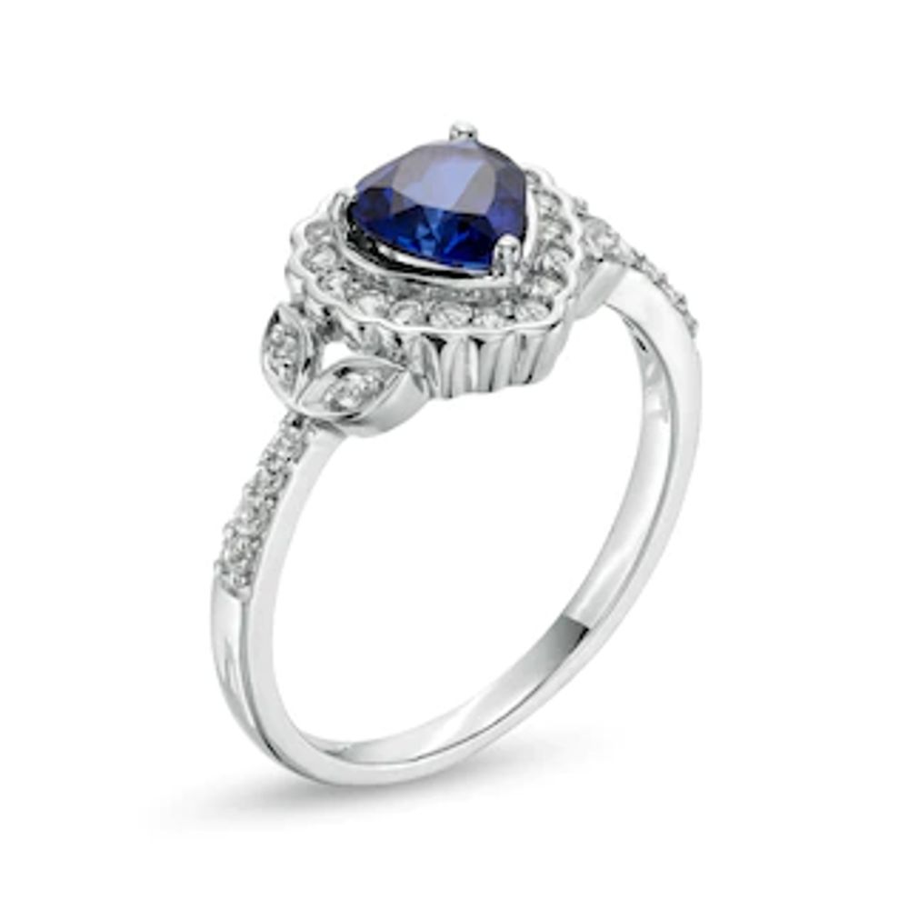 6.0mm Heart-Shaped Blue and White Lab-Created Sapphire Scallop Frame Leaf-Sides Flower Ring in Sterling Silver|Peoples Jewellers