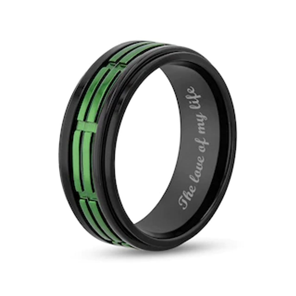 Men's 8.0mm Double Row Rectangle Pattern Comfort-Fit Wedding Band in Stainless Steel with Black and Green IP (1 Line)|Peoples Jewellers
