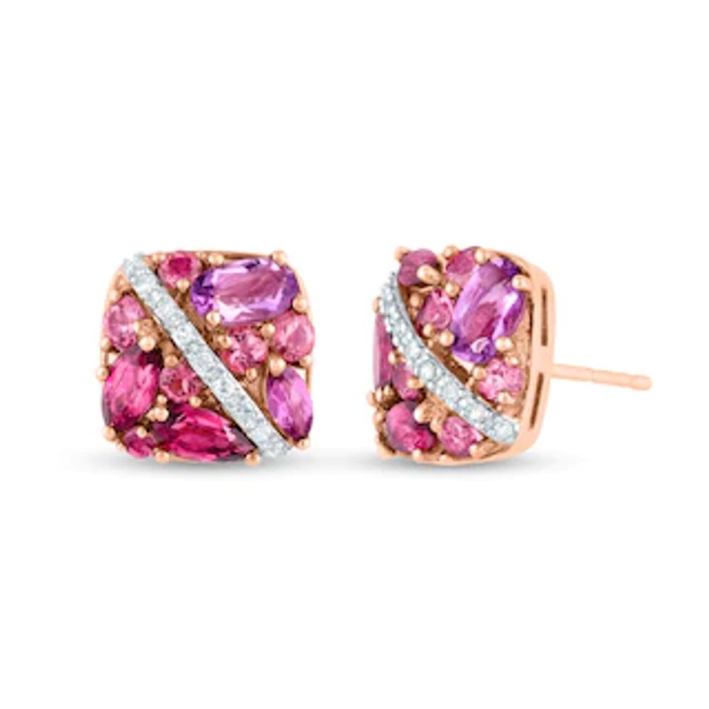 Multi-Gemstone Cluster and 0.07 CT. T.W. Diamond Slant Ribbon Overlay Cushion Stud Earrings in 10K Rose Gold|Peoples Jewellers