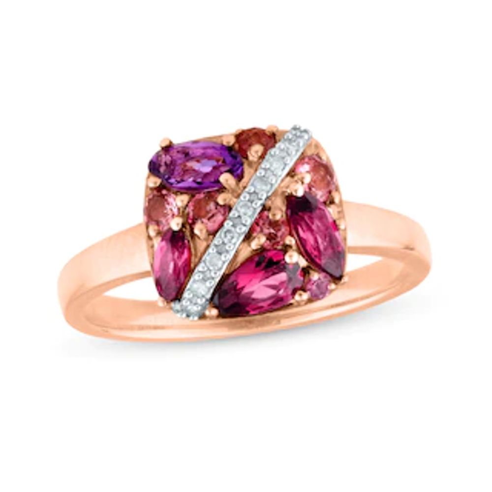 Multi-Gemstone Cluster and 0.04 CT. T.W. Diamond Slant Ribbon Overlay Cushion Ring in 10K Rose Gold|Peoples Jewellers