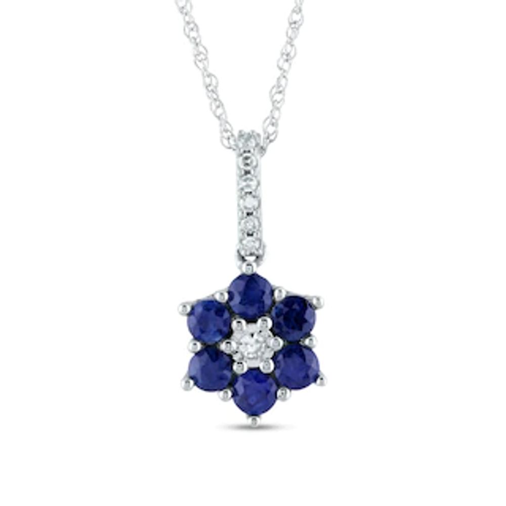 Blue Sapphire and Diamond Accent Petal Frame Flower Drop Pendant in 10K White Gold|Peoples Jewellers