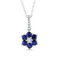 Blue Sapphire and Diamond Accent Petal Frame Flower Drop Pendant in 10K White Gold|Peoples Jewellers