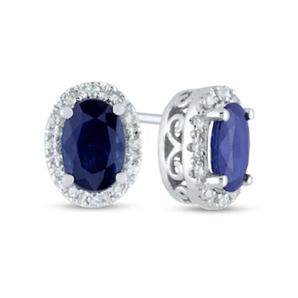 Oval Blue Sapphire and 0.10 CT. T.W. Diamond Frame Stud Earrings in 14K White Gold|Peoples Jewellers