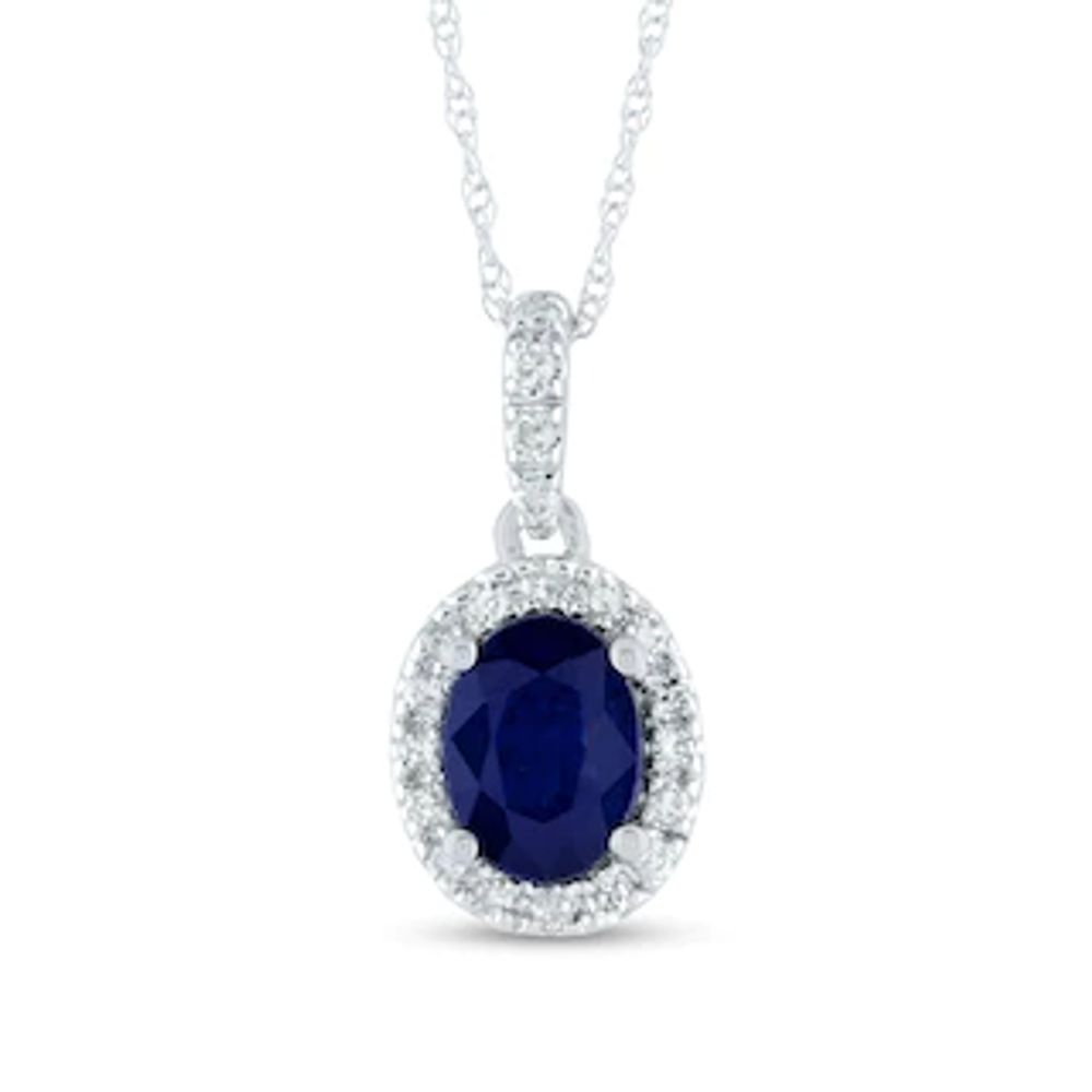Oval Blue Sapphire and 0.12 CT. T.W. Diamond Frame Drop Pendant in 14K White Gold|Peoples Jewellers