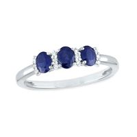 Oval Blue Sapphire and 0.08 CT. T.W. Diamond Three Stone Ring in 14K Gold|Peoples Jewellers