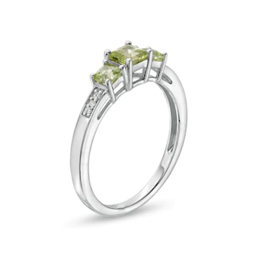 Princess-Cut Peridot and Diamond Accent Three Stone Ring in 10K White Gold|Peoples Jewellers