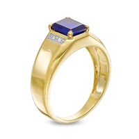 Men's Emerald-Cut Blue Lab-Created Sapphire and Diamond Accent Collar Bevelled Edge Ring in 10K Gold|Peoples Jewellers