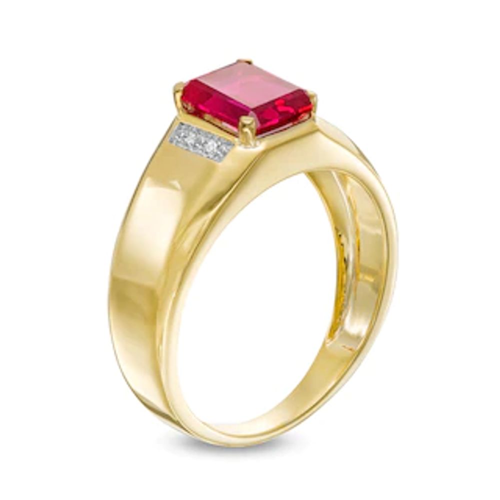 Men's Emerald-Cut Lab-Created Ruby and Diamond Accent Collar Bevelled Edge Ring in 10K Gold|Peoples Jewellers