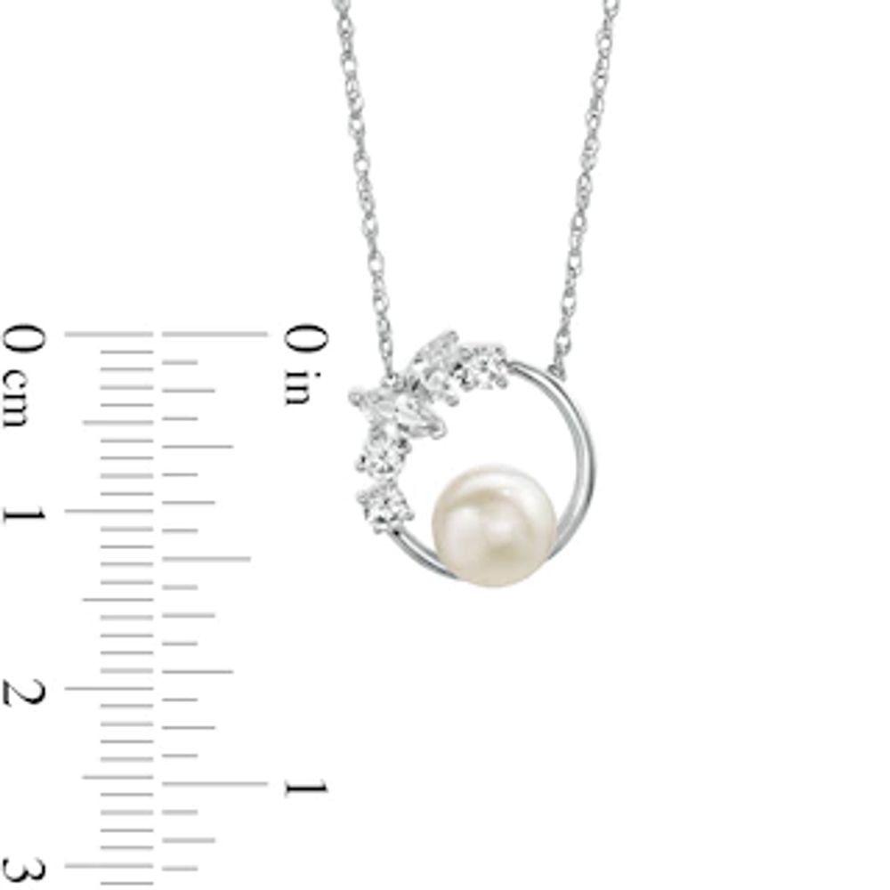 Freshwater Cultured Pearl and Multi-Shape White Lab-Created Sapphire Scatter Open Circle Necklace in Sterling Silver|Peoples Jewellers