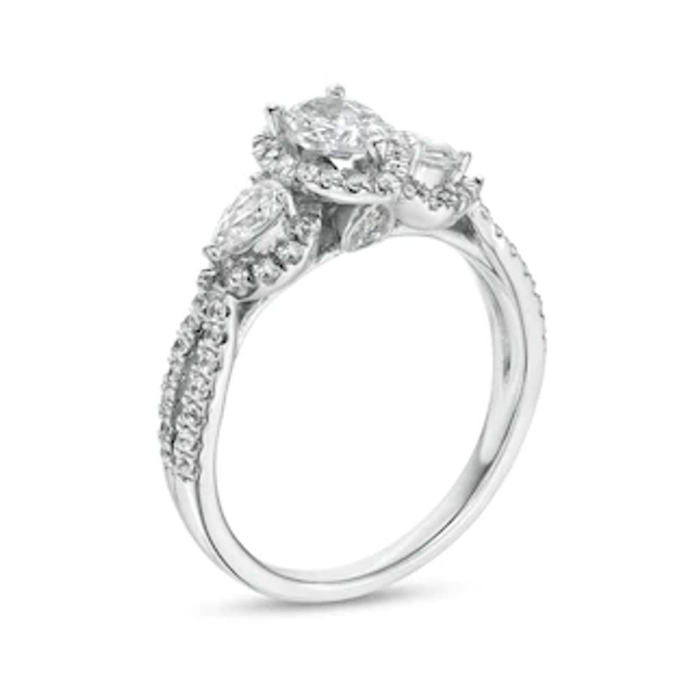 1.00 CT. T.W. Pear-Shaped Diamond Frame Past Present Future® Twist Shank Engagement Ring in 14K White Gold (I/I1)|Peoples Jewellers