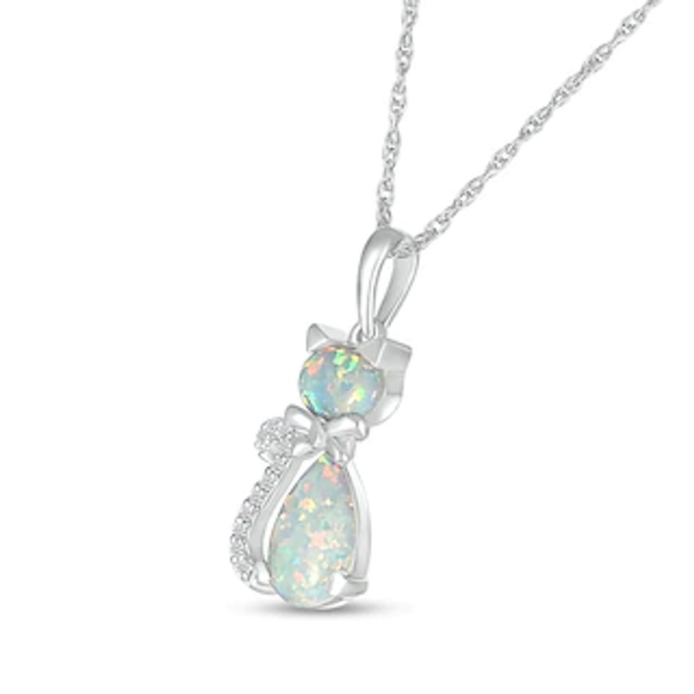 Pear-Shaped and Sideways Oval Lab-Created Opal and Diamond Accent Cat Pendant in Sterling Silver|Peoples Jewellers