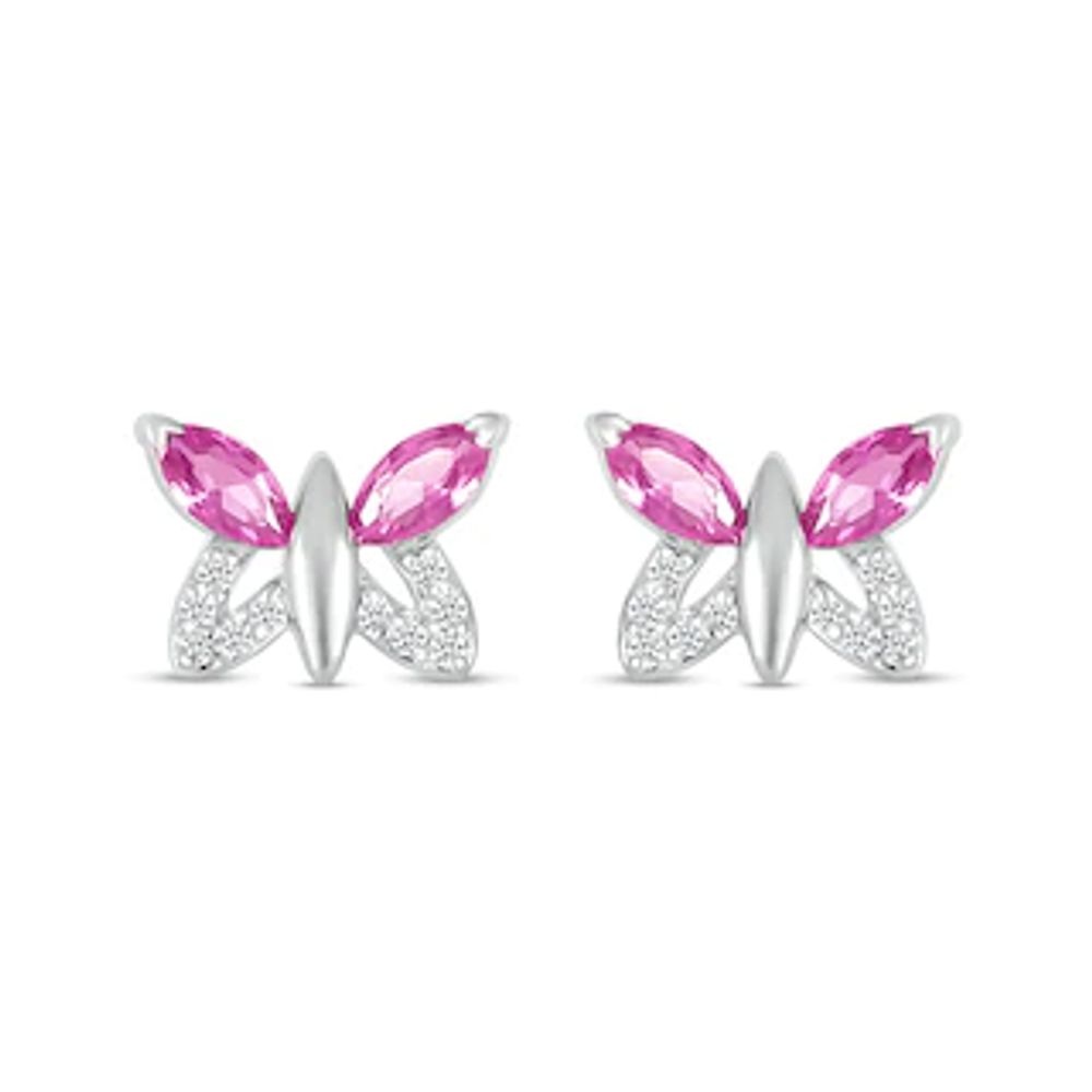 Marquise Pink and White Lab-Created Sapphire Butterfly with Wing Outline Stud Earrings in Sterling Silver|Peoples Jewellers