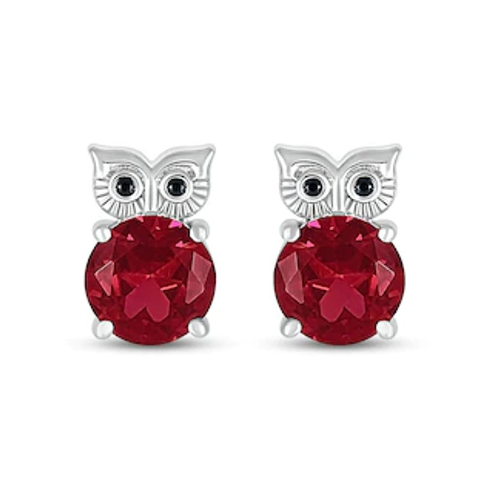 7.0mm Lab-Created Ruby and Black Diamond Accent Owl Stud Earrings in Sterling Silver|Peoples Jewellers