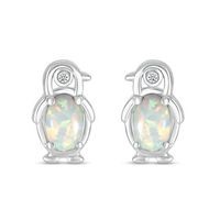 Oval Lab-Created Opal and Diamond Accent Penguin Outline Stud Earrings in Sterling Silver|Peoples Jewellers