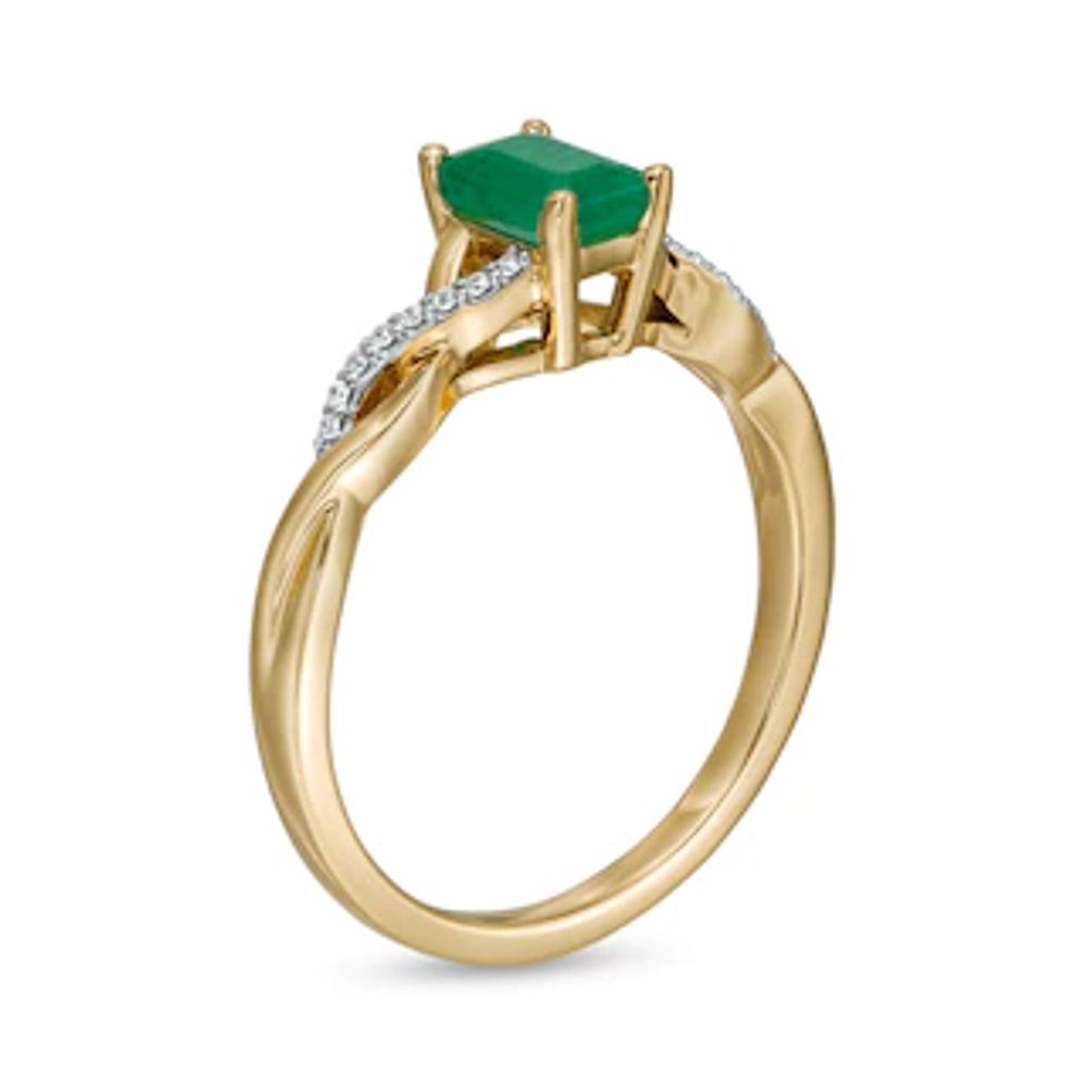 Emerald-Cut Emerald and 0.05 CT. T.W. Diamond Twist Shank Ring in 14K Gold|Peoples Jewellers