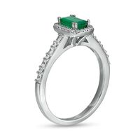 Emerald-Cut Emerald and 0.20 CT. T.W. Baguette and Round Diamond Frame Alternating Shank Ring in 14K White Gold|Peoples Jewellers