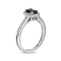 Emerald-Cut Blue Sapphire and 0.20 CT. T.W. Baguette and Round Diamond Frame Alternating Shank Ring in 14K White Gold|Peoples Jewellers