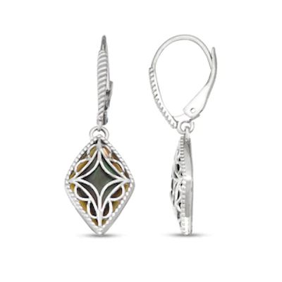Black Mother-of-Pearl Bead Frame with Diamond-Cut Art Deco Overlay Kite-Shaped Drop Earrings in Sterling Silver|Peoples Jewellers