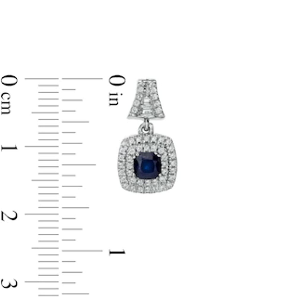 4.0mm Cushion-Cut Blue Sapphire and 0.40 CT. T.W. Diamond Double Frame Split Drop Earrings in 14K White Gold|Peoples Jewellers