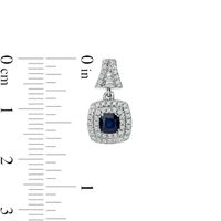 4.0mm Cushion-Cut Blue Sapphire and 0.40 CT. T.W. Diamond Double Frame Split Drop Earrings in 14K White Gold|Peoples Jewellers