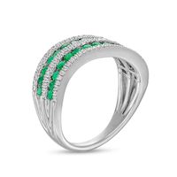 Emerald and 0.25 CT. T.W. Diamond Alternating Multi-Row Wave Ring in 14K White Gold|Peoples Jewellers