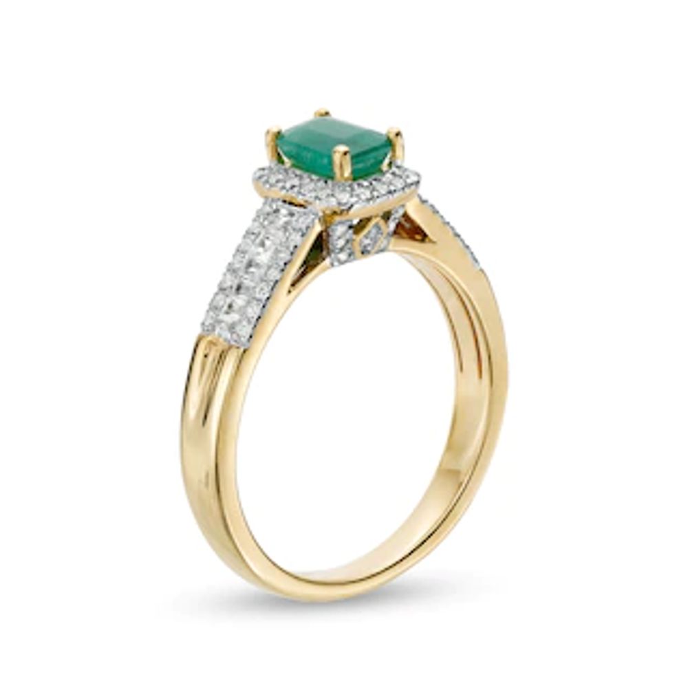 Octagonal Emerald and 0.33 CT. T.W. Diamond Rectangular Frame Triple Row Ring in 14K Gold|Peoples Jewellers