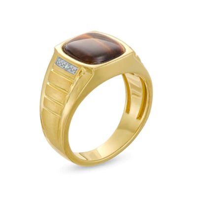 Men's Tiger's Eye and Diamond Accent Ribbed Shank Ring in 10K Gold|Peoples Jewellers