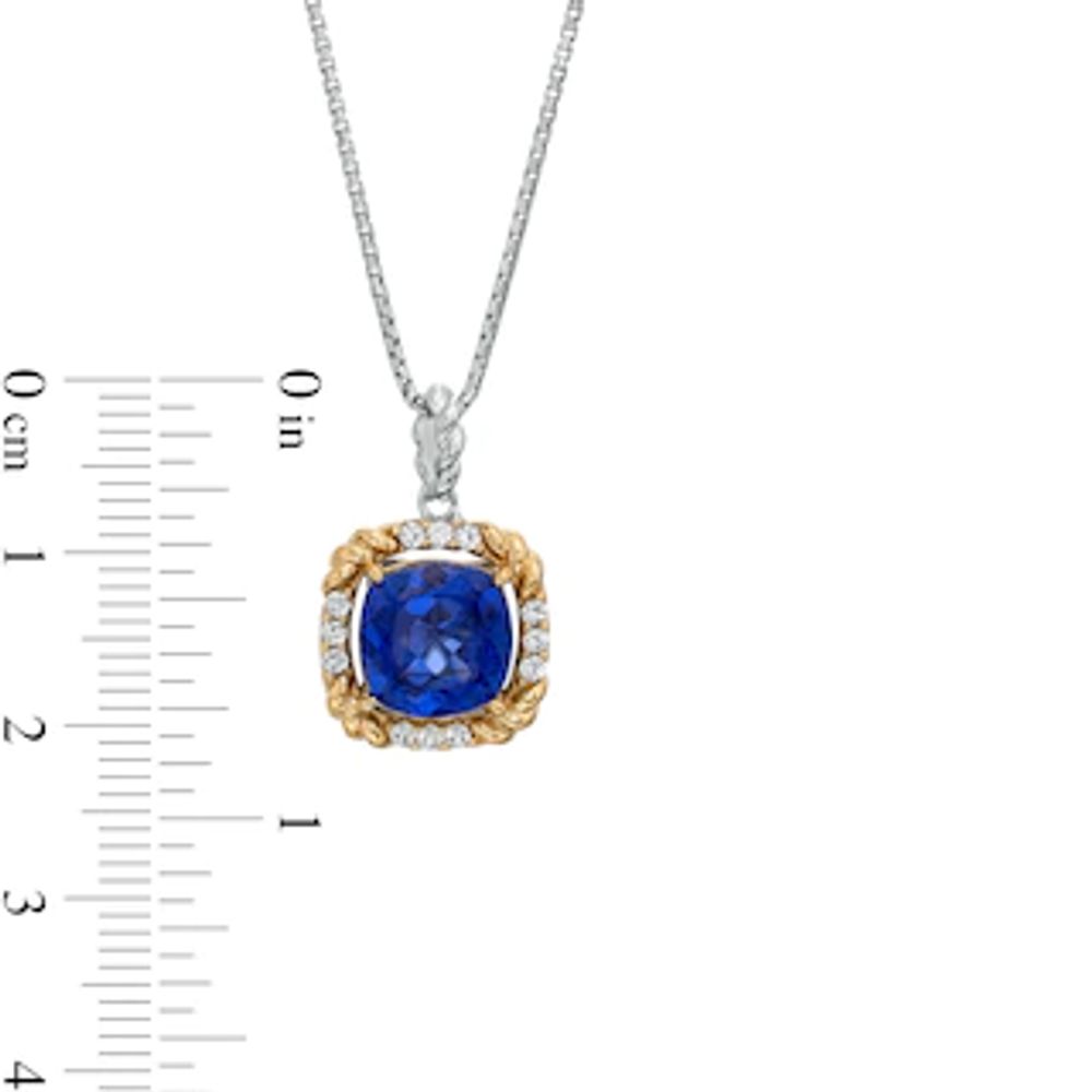 9.0mm Cushion-Cut Blue and White Lab-Created Sapphire Rope-Textured Frame Drop Pendant in Sterling Silver and 10K Gold|Peoples Jewellers