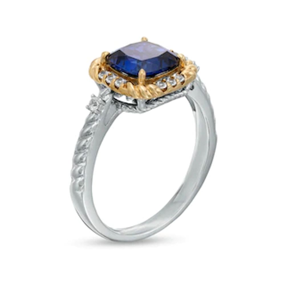 7.0mm Cushion-Cut Blue and White Lab-Created Sapphire Rope-Textured Frame Ring in Sterling Silver and 10K Gold|Peoples Jewellers