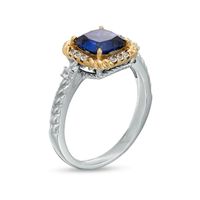 7.0mm Cushion-Cut Blue and White Lab-Created Sapphire Rope-Textured Frame Ring in Sterling Silver and 10K Gold|Peoples Jewellers