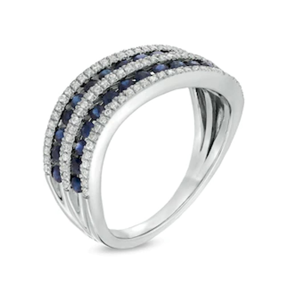 Blue Sapphire and 0.25 CT. T.W. Diamond Alternating Multi-Row Wave Ring in 14K White Gold|Peoples Jewellers