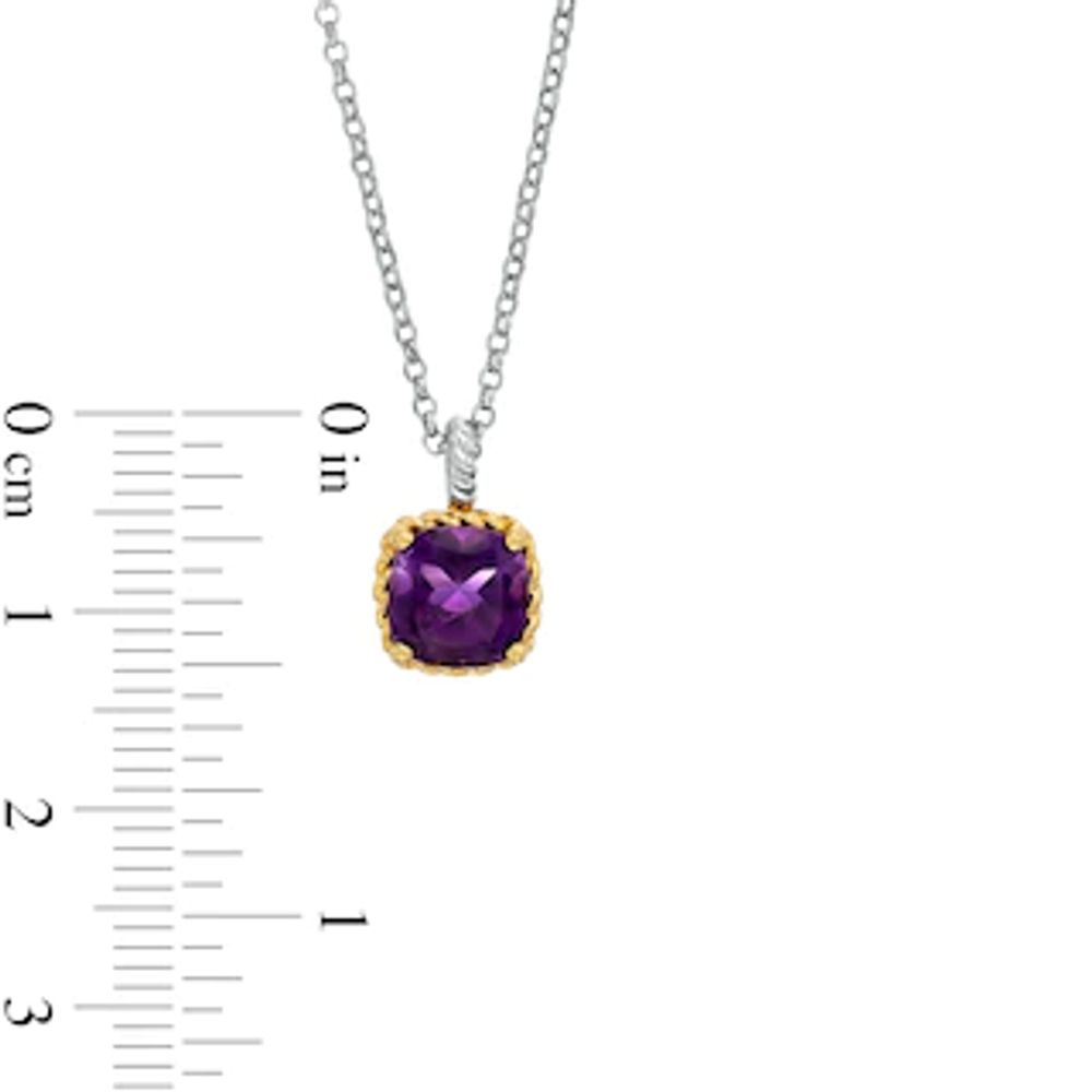 7.0mm Cushion-Cut Amethyst Solitaire Rope-Textured Frame Drop Pendant in Sterling Silver and 10K Gold|Peoples Jewellers