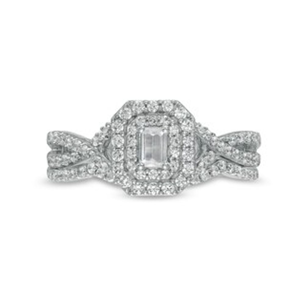 0.58 CT. T.W. Emerald-Cut Diamond Double Frame Twist Shank Bridal Set in 10K White Gold (I/I2)|Peoples Jewellers
