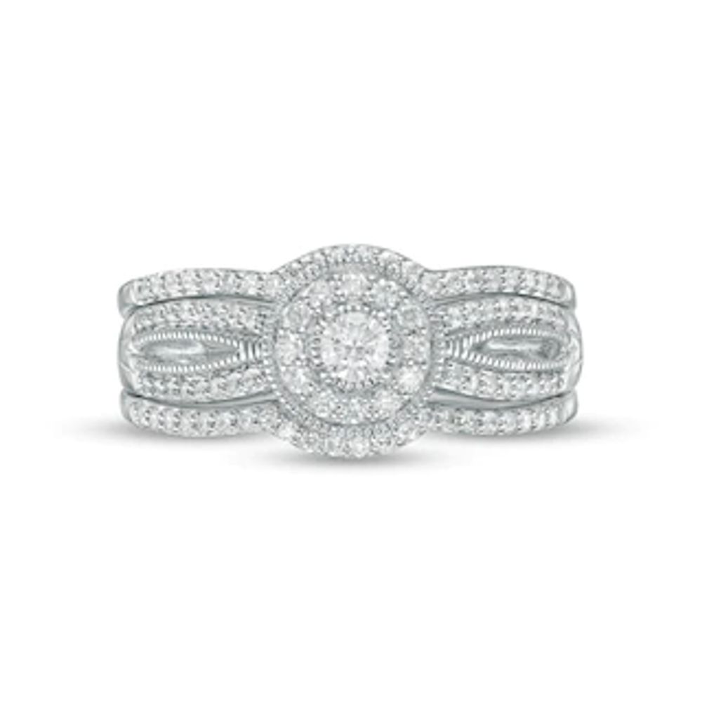 0.45 CT. T.W. Diamond Frame Vintage-Style Three Piece Bridal Set in Sterling Silver (J/I3)|Peoples Jewellers
