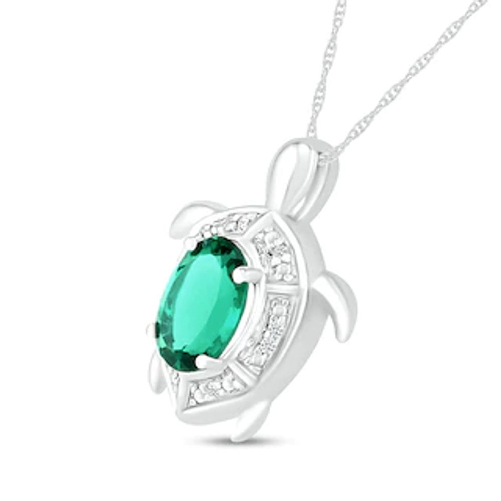 Oval Lab-Created Emerald and Diamond Accent Beaded Shell Pattern Sea Turtle Pendant in Sterling Silver|Peoples Jewellers