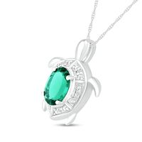 Oval Lab-Created Emerald and Diamond Accent Beaded Shell Pattern Sea Turtle Pendant in Sterling Silver|Peoples Jewellers