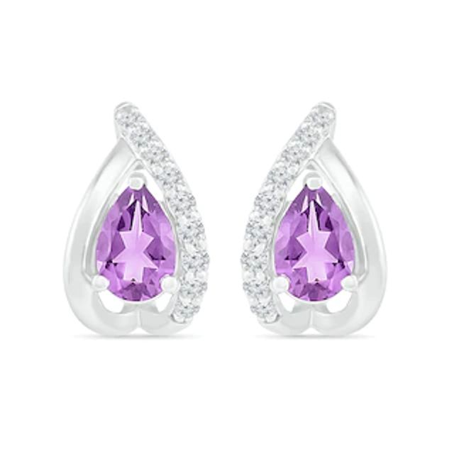 Pear-Shaped Amethyst and White Lab-Created Sapphire Teardrop Frame Stud Earrings in Sterling Silver|Peoples Jewellers